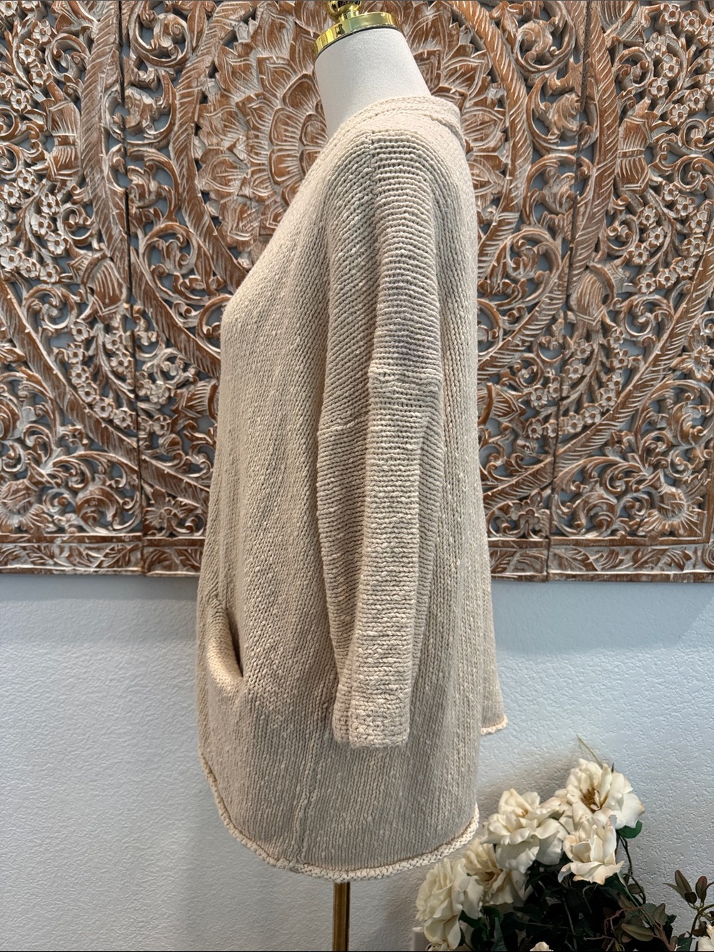 LOFT Cream Open-Front 3/4 Sleeves Cotton Knit Cozy Cardigan- size L - Picture 7 of 12